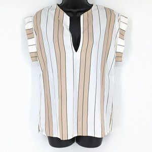Baci Tunic Top S White Black Camel Tan Stripe Woods and Water Cuffeed Sleeve New
